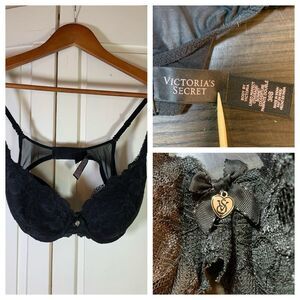 Victoria's Secret Black Lace Perfect Coverage Bra Size 36B Lined Sexy‎ Coquette